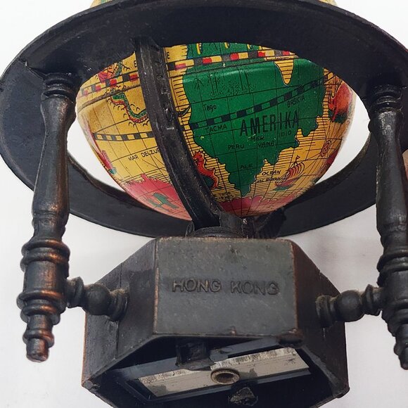 Miniature Diecast Brass Metal World Globe Pencil Sharpener Vintage HONG KONG - Picture 2 of 9